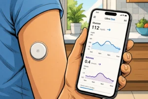 Ein Handgelenk mit einem Freestyle-Duo-Sensor zeigt Glukose- und Ketonwerte auf einem Smartphone zur Diabetes&uuml;berwachung.