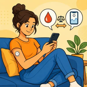 Eine Frau pr&uuml;ft ihren Blutzucker mit einem CGM-Ger&auml;t und Smartphone, w&auml;hrend sie entspannt auf einem Sofa sitzt.
