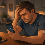 Mann schaut besorgt auf sein Handy, während er seinen Glukosewert mit einem CGM-System überwacht.