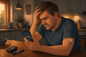 Mann schaut besorgt auf sein Handy, w&auml;hrend er seinen Glukosewert mit einem CGM-System &uuml;berwacht.