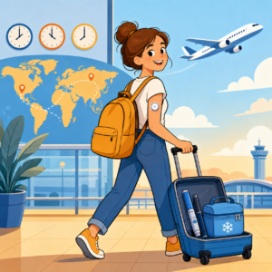 Eine Frau mit Diabetes reist mit einem Koffer voller medizinischer Ger&auml;te am Flughafen | &copy; Name.
