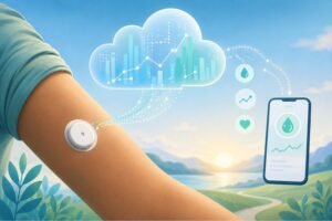 Ein Arm mit einem CGM-Sensor zeigt Daten zur Blutzuckerüberwachung im Kontext von Diabetes-Management. | © GlucoseCode