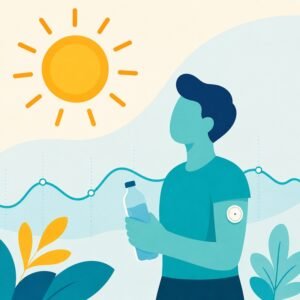 Ein Mann h&auml;lt eine Wasserflasche und beobachtet seinen Blutzucker mit einem CGM-System unter der Sonne.