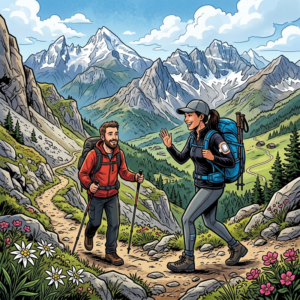 Zwei Wanderer genie&szlig;en die Natur, w&auml;hrend sie ihren Blutzucker im Blick behalten, dank moderner Diabetes-Technologie.