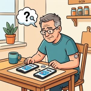 Ein Mann vergleicht die neue Libre App für Blutzuckerwerte auf zwei Smartphones im Alltag.
