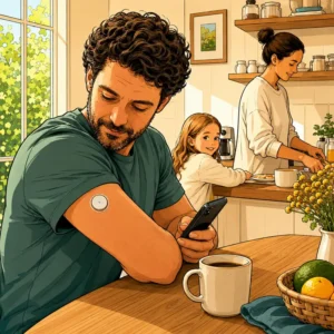 Ein Mann mit CGM &uuml;berwacht seinen Blutzucker, w&auml;hrend seine Familie in der K&uuml;che besch&auml;ftigt ist. | &copy; Glucosecode.de