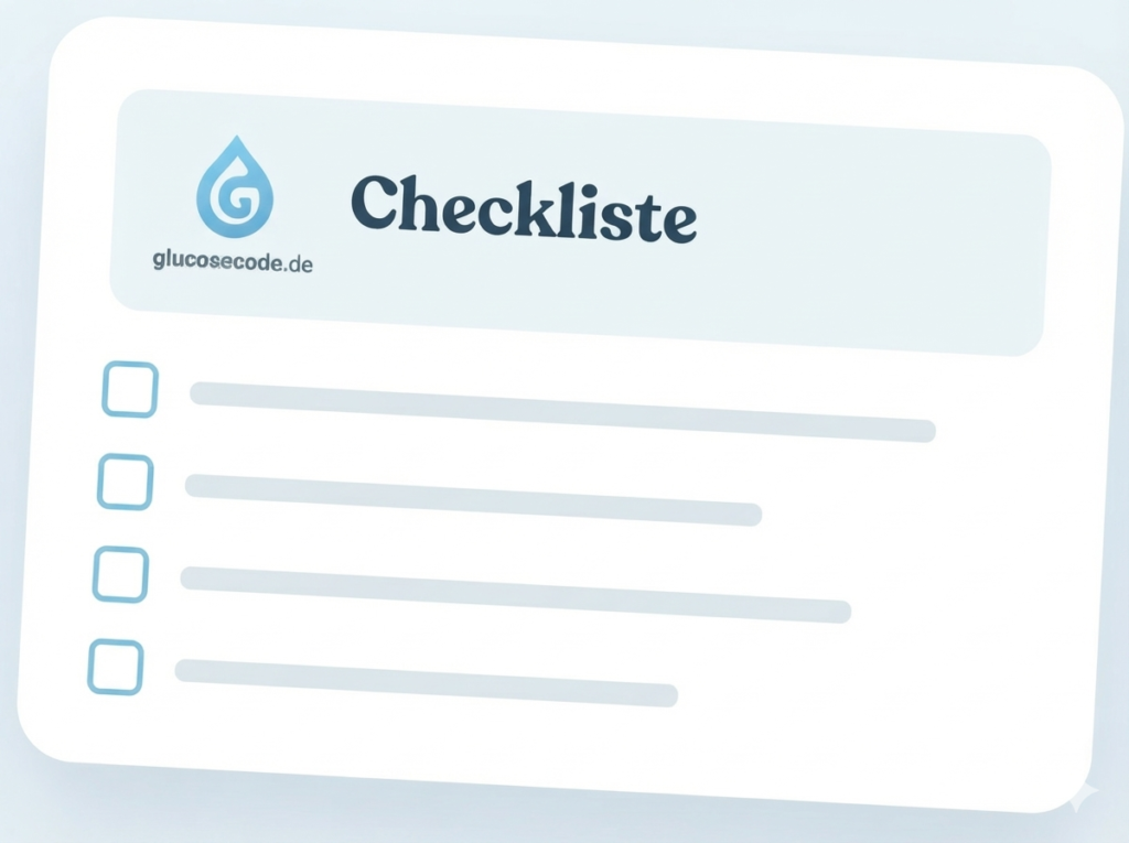 Eine Checkliste für das Diabetesmanagement mit CGM zur Kontrolle von Blutzucker und Glukosewerten.