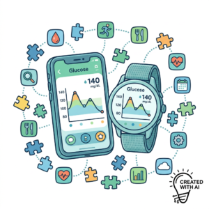 Das Bild zeigt ein CGM-System zur Blutzuckermessung mit Smartphone und Smartwatch für Diabetes-Management.