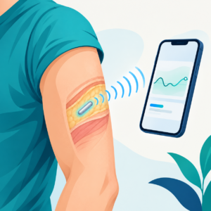 Ein drahtloser Sensor im Oberarm überträgt Blutzuckerwerte an eine App für Diabetes-Management.