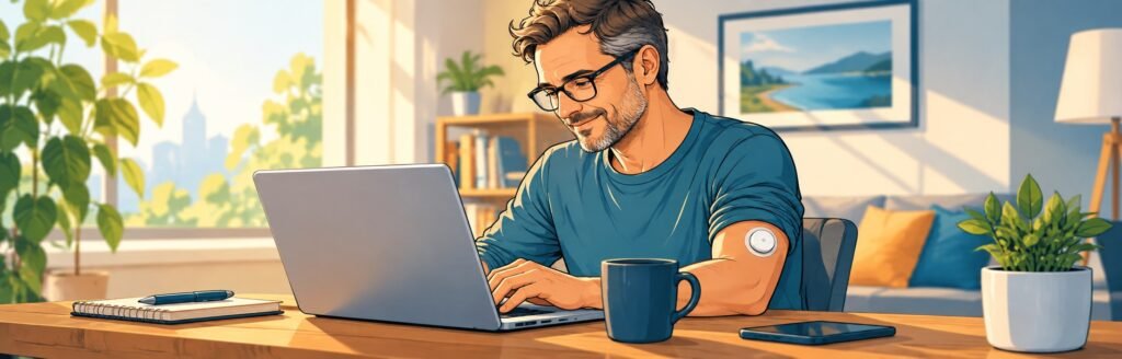 Ein Mann mit CGM-Sensor arbeitet am Laptop und überwacht seinen Blutzucker im Alltag mit Diabetes.