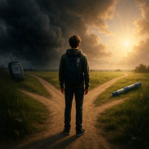 Photorealistic scene showing a young person standing at a crossroads in a dramatic landscape_1